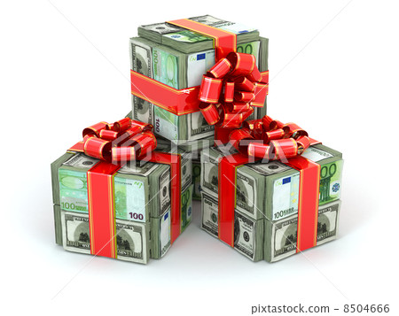 Money gift. Packs of dollars and euro and red ribbon. 8504666