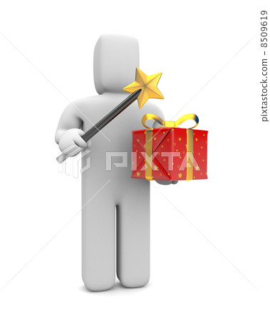 Wizard with magic wand and gift box. Image contain clipping path 8509619