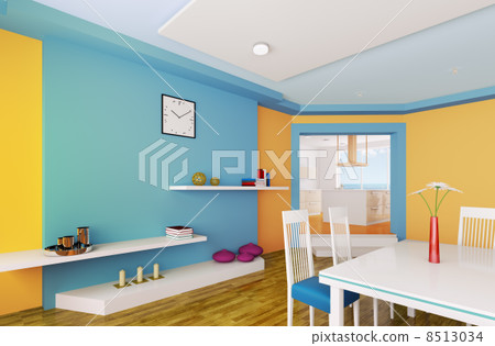 Orange blue dining room 3d render 8513034