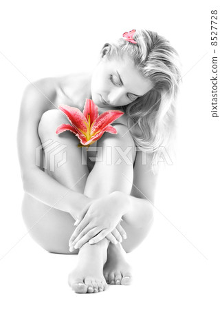 Beautiful young woman with pink lily flower. Isolated on white b Beautiful young woman with pink lily flower. Isolated on white b 8527728