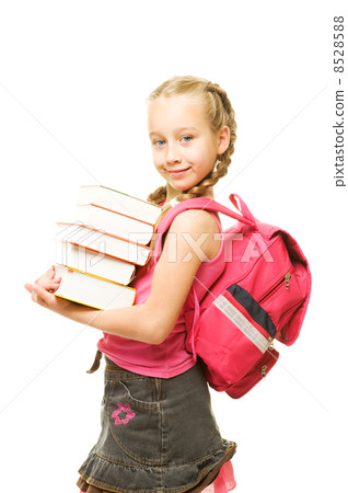 Happy little schoolgirl with a stack of heavy books .... Happy little schoolgirl with a stack of heavy books .... 8528588