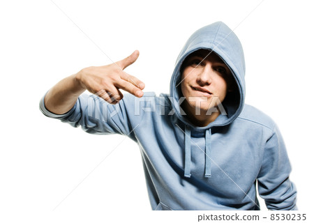 Young handsome man in a hood isolated on white background Young handsome man in a hood isolated on white background 8530235