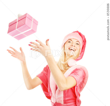 mrs. Santa with catching a gift box. Isolated on white backgroun mrs. Santa with catching a gift box. Isolated on white backgroun 8530886