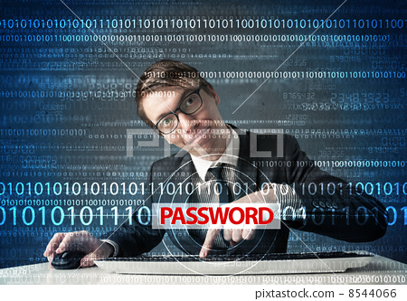 Stock Photo: Young geek hacker stealing password