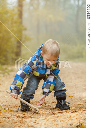 Image of cheerful boy playing in autumn park Image of cheerful boy playing in autumn park 8556602