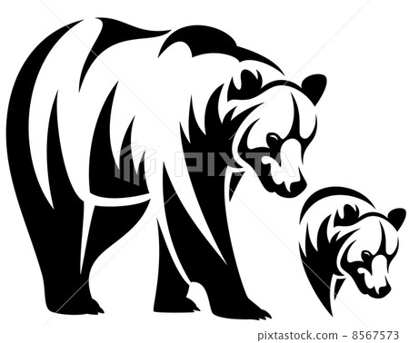 walking bear and animal head black and white vector outline emblem 8567573