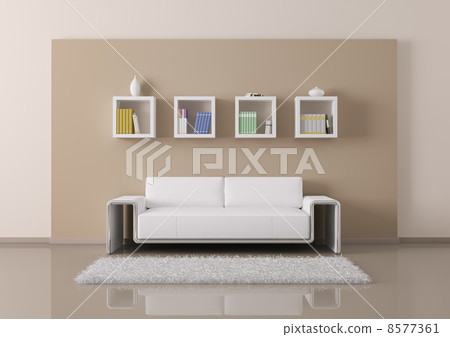 Interior of room with sofa and bookshelves 3d render 8577361