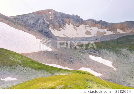 Rocky Mountains in Caucasus with Glacier snow and green valley Landscape Summer day Rocky Mountains in Caucasus with Glacier snow and green valley Landscape Summer day 8582654