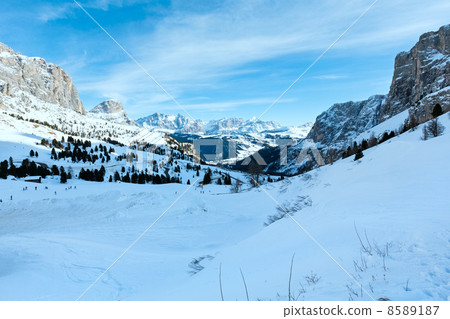 Morning winter Gardena Pass  in Dolomites of South Tyrol, Italy. 8589187