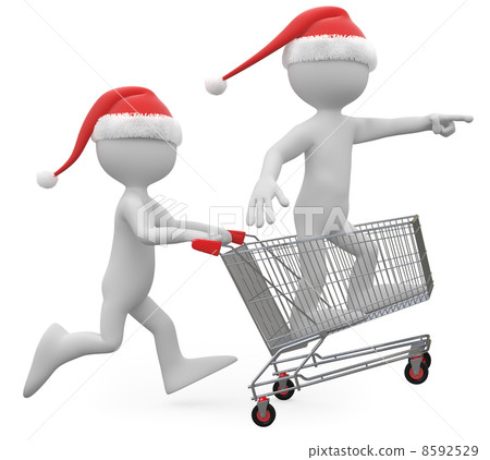 Man with Santa hat pushing a shopping cart with a man inside 8592529