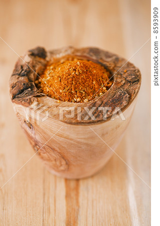 spices BBQ Rub mix of Herbs in wooden mortar, shallow dof spices BBQ Rub mix of Herbs in wooden mortar, shallow dof 8593909