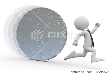 A business man running from a huge coin with the yen symbol 8595874