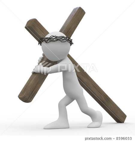 Man dragging a wooden cross with a crown of thorns in the easter week Man dragging a wooden cross with a crown of thorns in the easter week 8596033