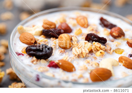 Healthy muesli breakfast with nuts and raisin 8611071