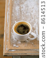 espresso coffee and almonds on old rustic table 8614513