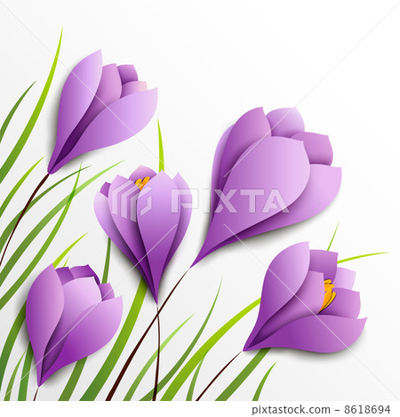 Crocuses. Five paper flowers on white background Crocuses. Five paper flowers on white background 8618694