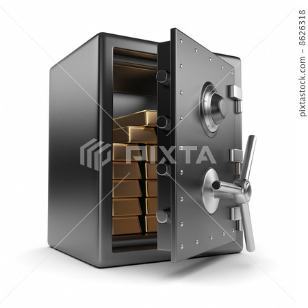 Steel safe box and gold 3D. Protection concept. Isolated on whit Steel safe box and gold 3D. Protection concept. Isolated on whit 8626318