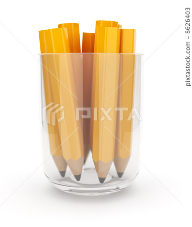Many yellow pencils in the glass cup. 3D isolated on white backg Many yellow pencils in the glass cup. 3D isolated on white backg 8626403