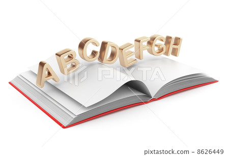 Gold symbols of alphabet on book 3D. School concept. Isolated Gold symbols of alphabet on book 3D. School concept. Isolated 8626449