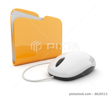 Computer mouse and yellow folder.  3D illustration isolated on w 8626513
