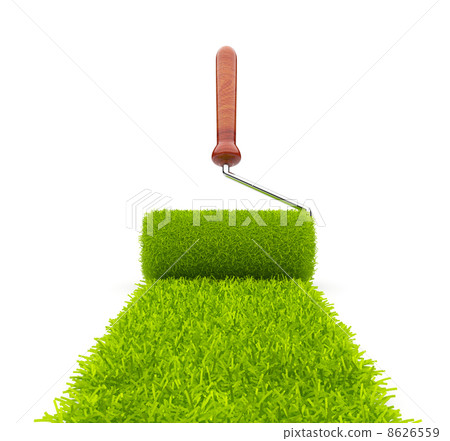 Green paint of grass. Roller isolated on white background. 3D il 8626559