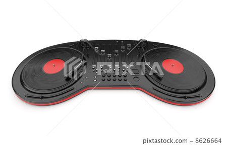 DJ music mixer control with vinyl disc 3D. Isolated on white DJ music mixer control with vinyl disc 3D. Isolated on white 8626664