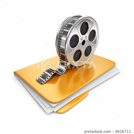 Movie folder with a films spool. 3D Icon isolated on white backg Movie folder with a films spool. 3D Icon isolated on white backg 8626711