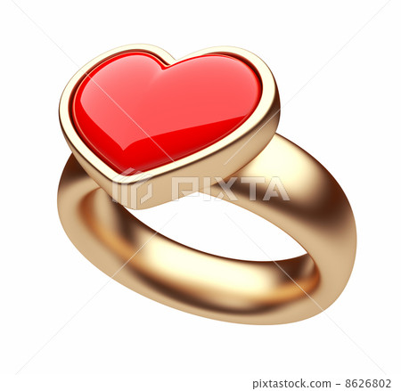 Gold ring with red heart 3D. Love concept. Isolated on white bac 8626802