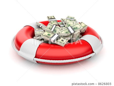 Dollars in lifebuoy 3D. Rescue of the money. Isolated on white 8626803