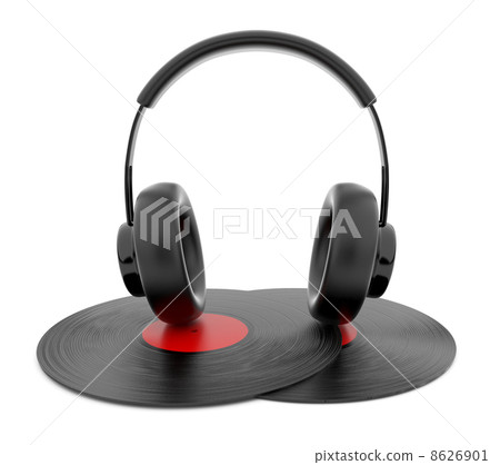 Audio headphone on gramophone vinyl disc 3D. Icon. Isolated on w 8626901