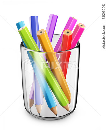 Colorful pens in glass. 3D Icon isolated on white bacground 8626908