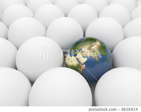 Earth sphere  among white spheres. Unique planet. 3D illustratio 8626914