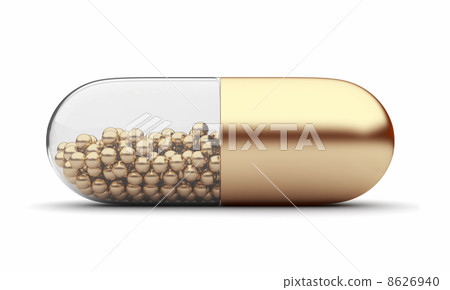 Gold medical pill 3D. Vitamins. Isolated on white background Gold medical pill 3D. Vitamins. Isolated on white background 8626940