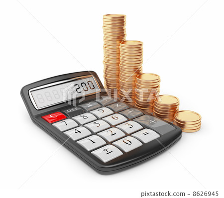 Calculator and gold coin. Icon 3D. Business concept. Isolated on 8626945