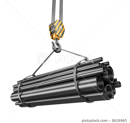 Crane hook with steel pipes 3D. Isolated on white background Crane hook with steel pipes 3D. Isolated on white background 8626965
