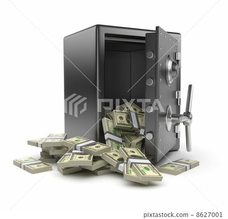 Steel safe box and money 3D. Protection of finance concept. Isol 8627001