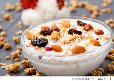 Healthy muesli breakfast with huts and raisin Healthy muesli breakfast with huts and raisin 8628991