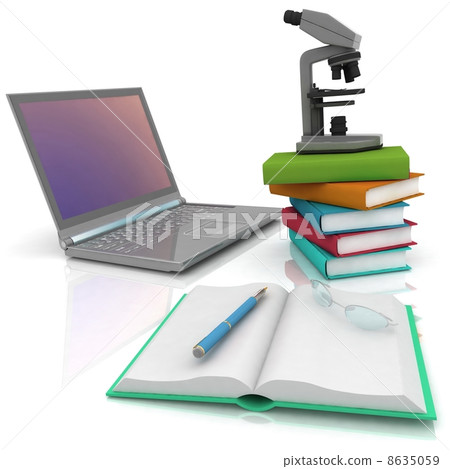 Laptop, microscope and books 8635059