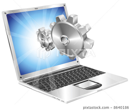 Gear cogs flying out of laptop screen concept 8640186