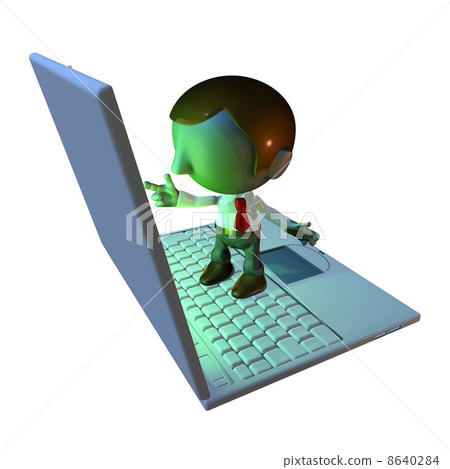 3d business man character standing on laptop 3d business man character standing on laptop 8640284