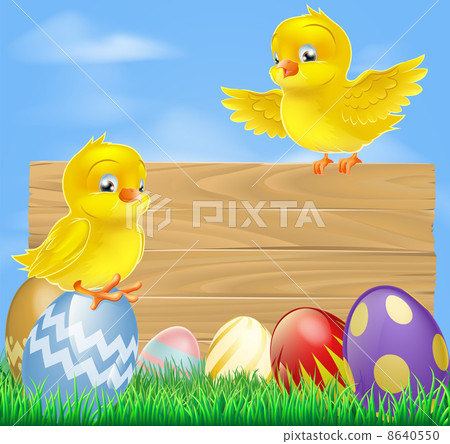 Easter chicks and wooden sign 8640550