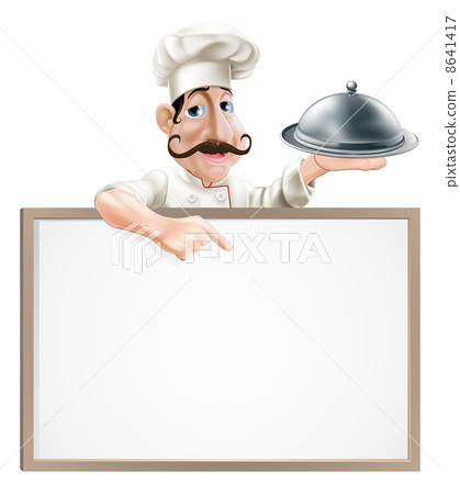 Chef with platter pointing at sign 8641417