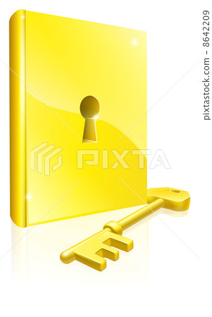 Gold locked book key concept Gold locked book key concept 8642209