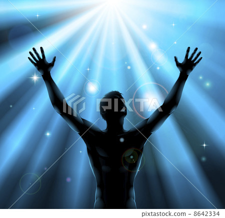 Spiritual man with arms raised up concept Spiritual man with arms raised up concept 8642334