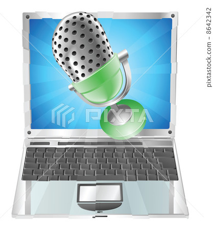 Microphone flying out of laptop screen concept Microphone flying out of laptop screen concept 8642342