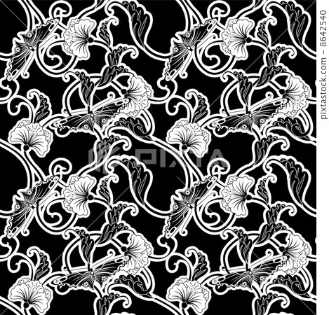Ornate Japanese inspired black and white repeating seamless tile 8642540