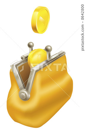 Gold change coins dropping into a purse 8642800