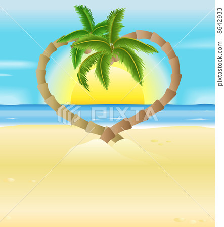 romantic beach, heart palm trees illustration romantic beach, heart palm trees illustration 8642933