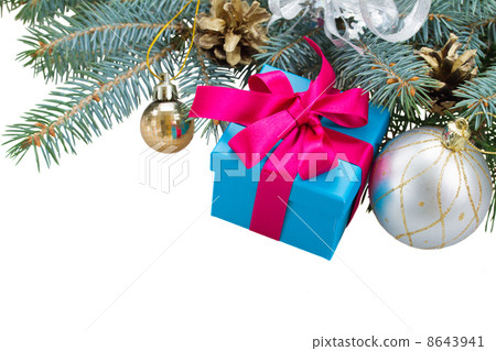 fir tree branch,  decorations and gift box 8643941