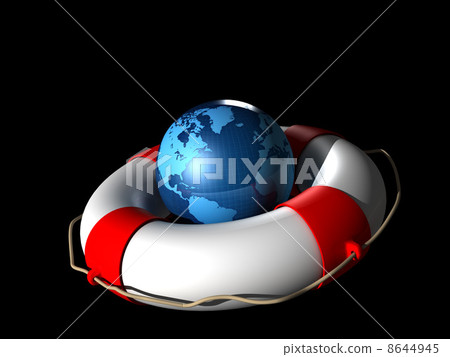 Life Buoy and Earth globe on a black background Life Buoy and Earth globe on a black background 8644945